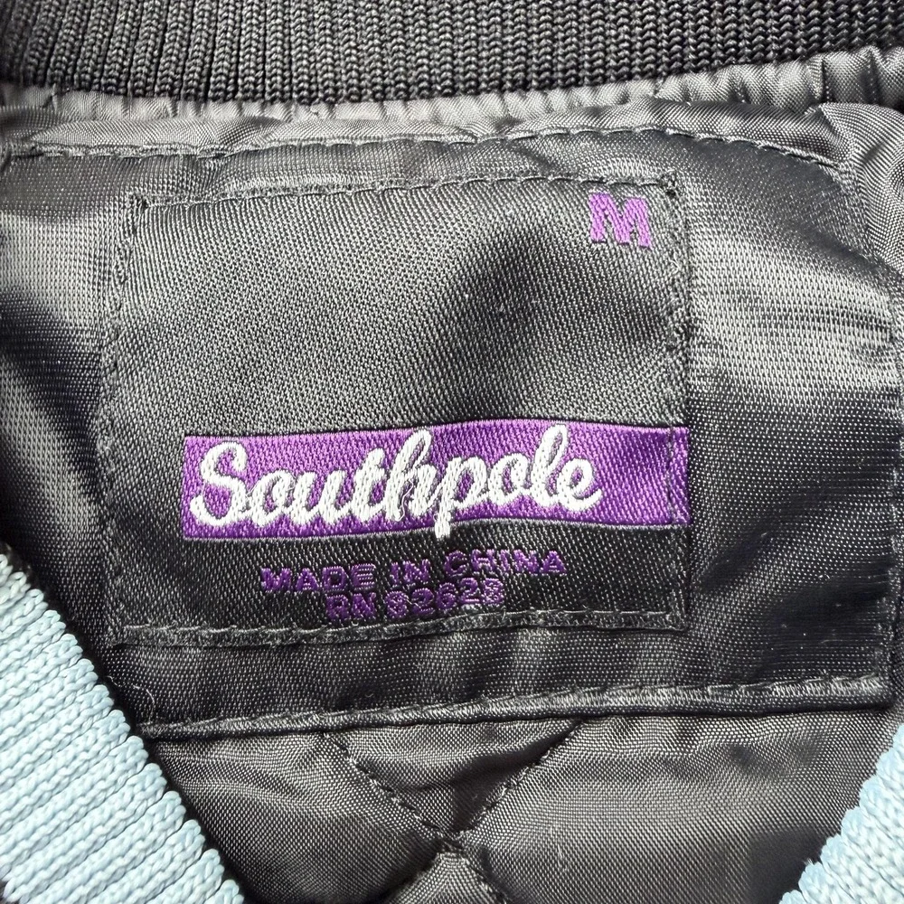 Y2K Southpole Jacket Womens Medium Black Satin Bomber Full Zip Embroidered